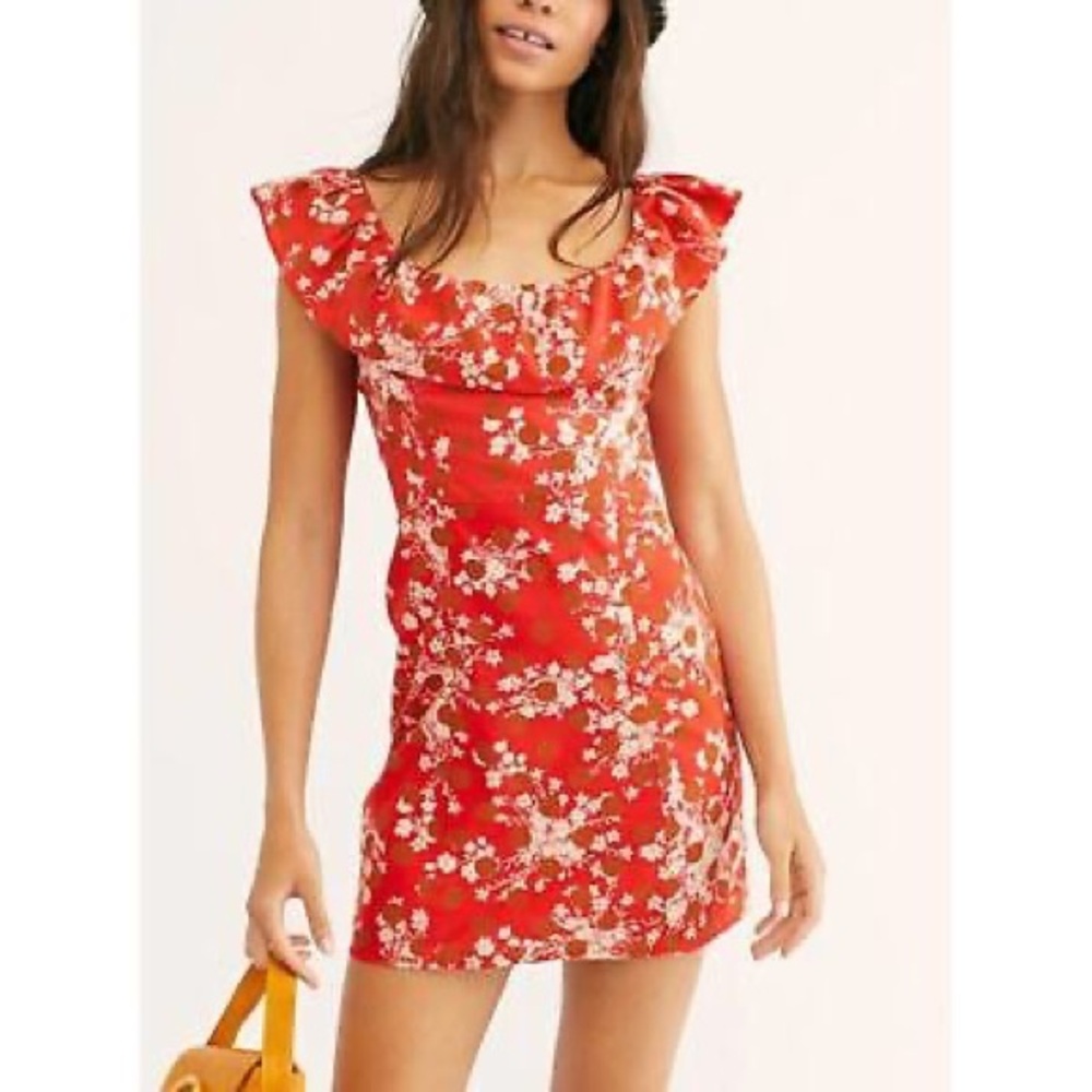 Free People Red Bodycon Mini Dress with Flutter Sleeves